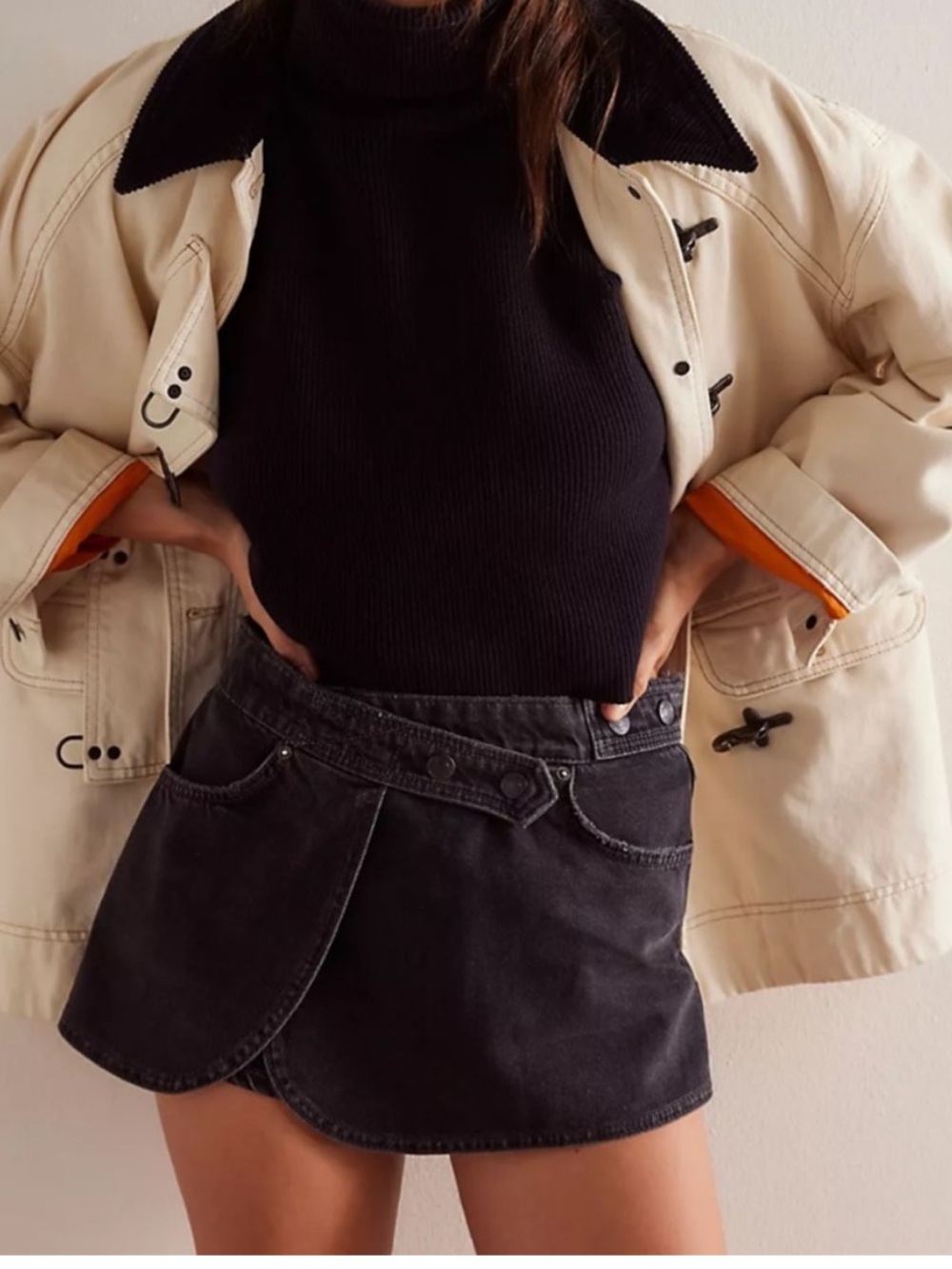 Free People Washed Black Denim Scallop Hem Skort